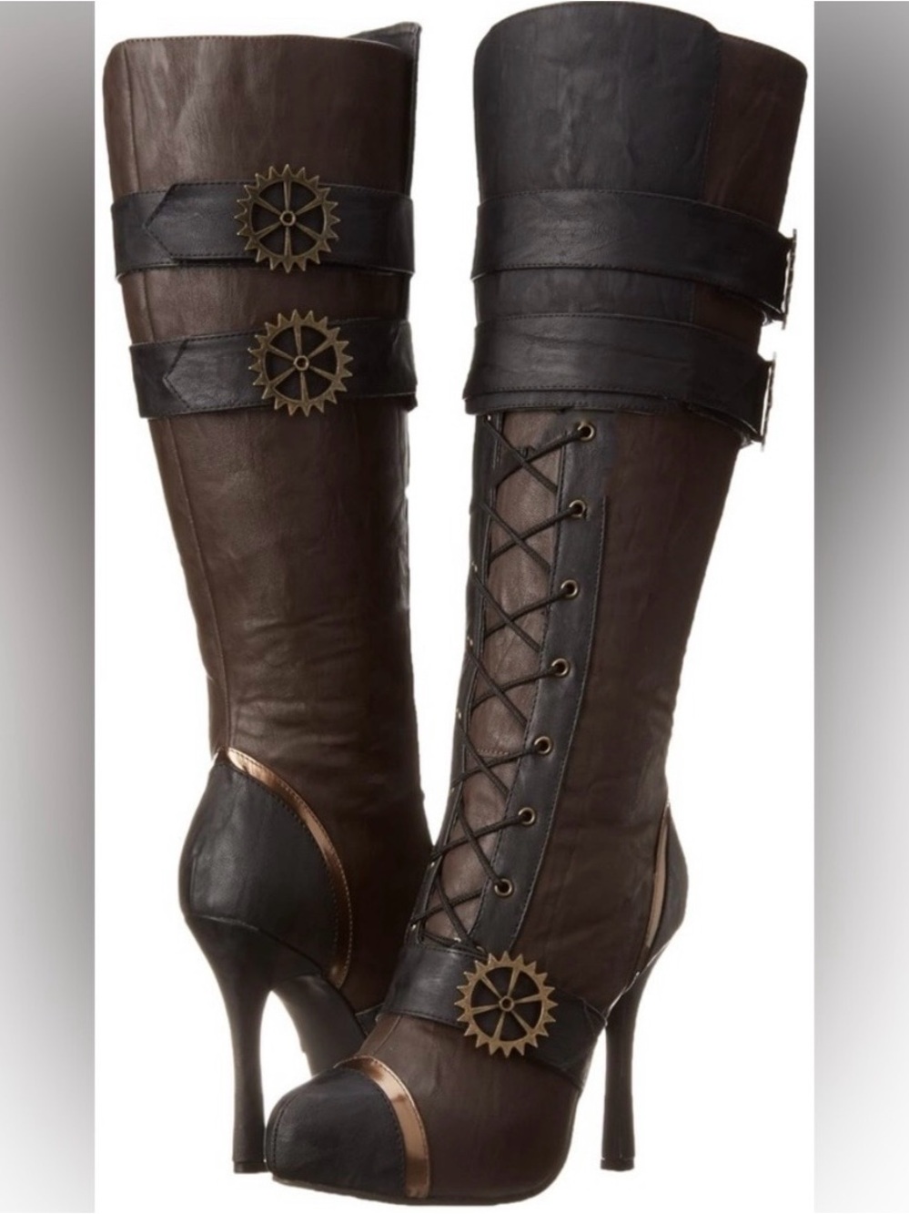 Ellie Brown and Black Steampunk Lace-Up High Heel Knee Boots